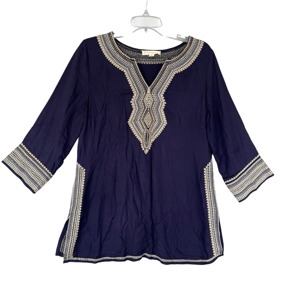 Luna Moon Embroidered Tunic Top Navy Blue Size Small